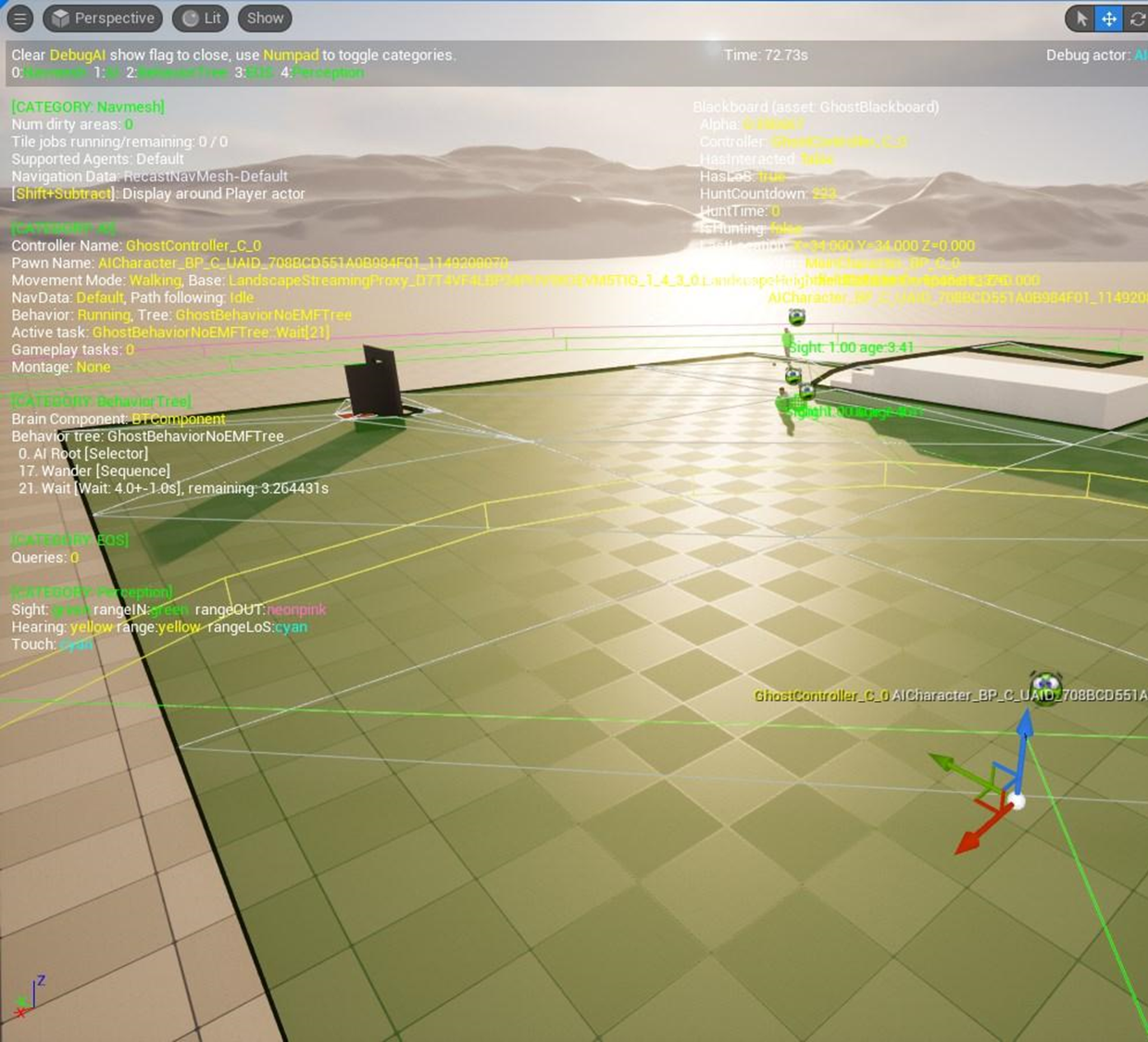 Overview of the AI Debug window, showcasing the senses and the navmesh
